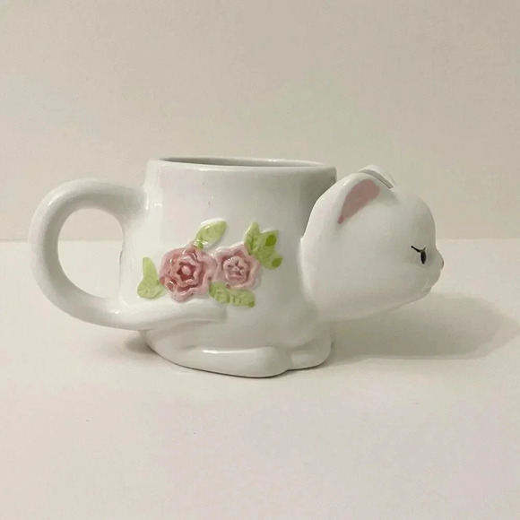Vtg White Ceramic Kitty Cat Pink Flowers  Tea Bag Holder Cup Mug Small Chip - Picture 6 of 16
